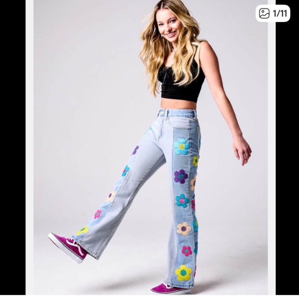 Floral Patchwork Light Wash Wide Leg Jeans - Women